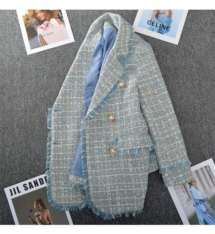 Z888 Large Size Womens Tweed Blazer Jacket Vintage Double Breasted