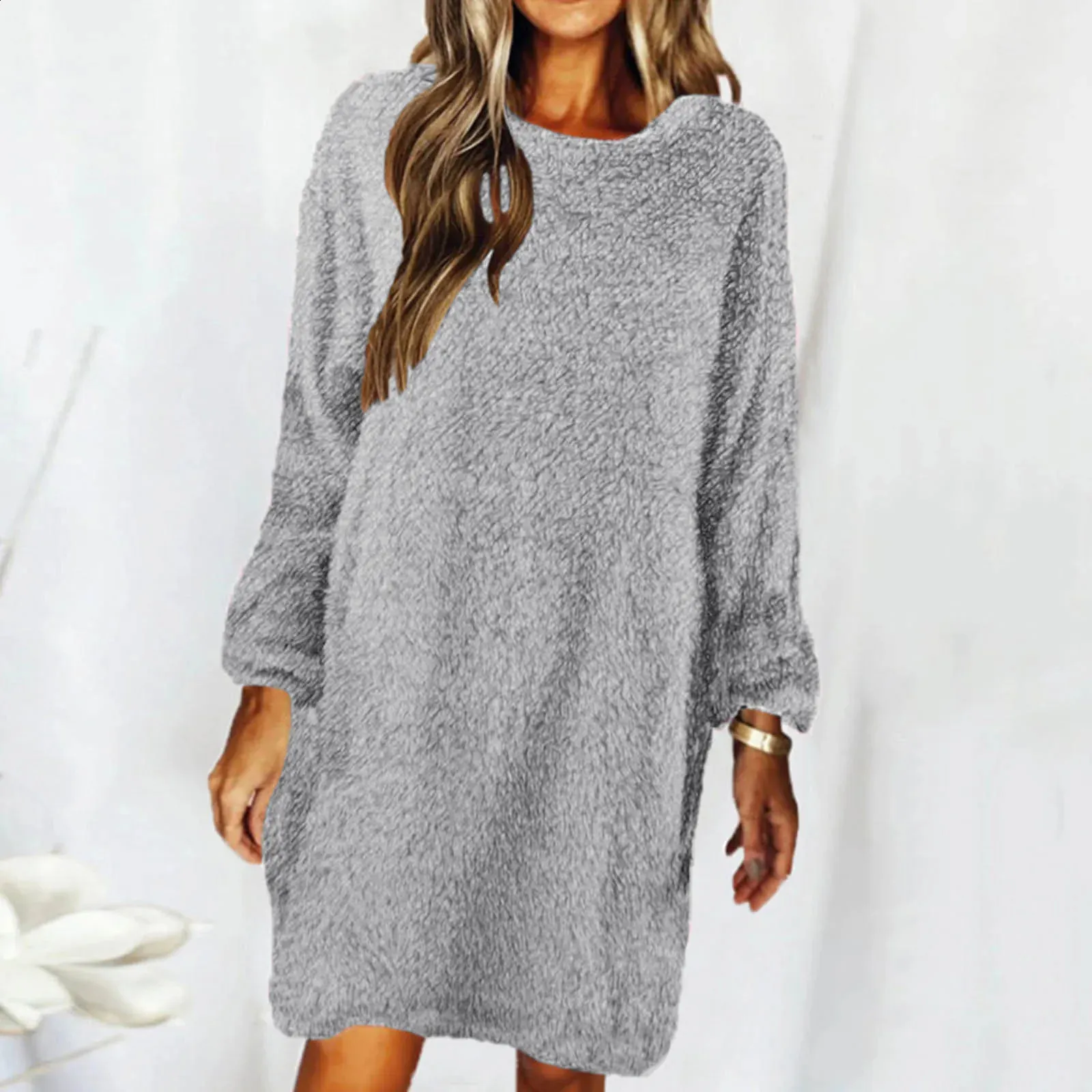 Cozy Plush Long Sleeve Dress - Solid Color Round Neck, Best Seller! Shop  Now for Autumn & Winter from Dhgate Basic & Casual Dresses - price 42.82