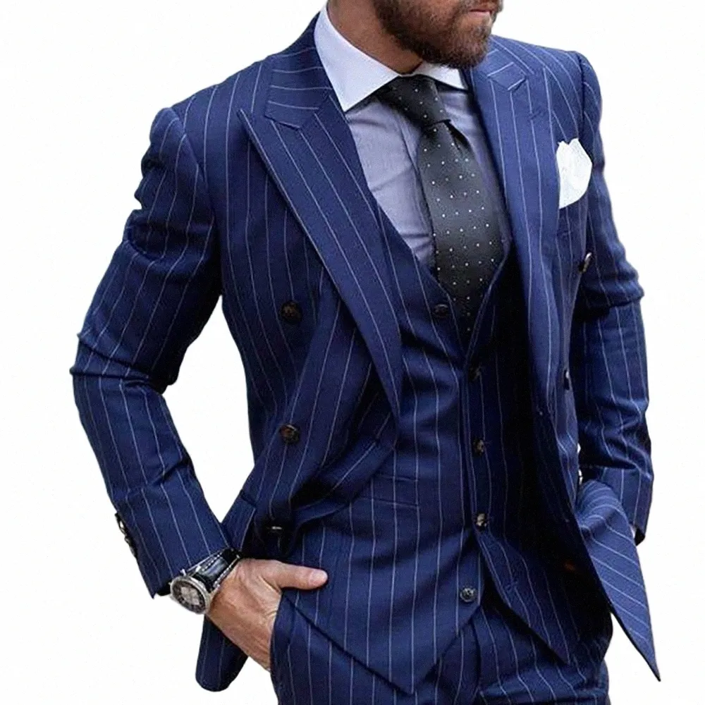 Blue Stripe Double Breasted Suit: Elegant Mens Blazer, Premium