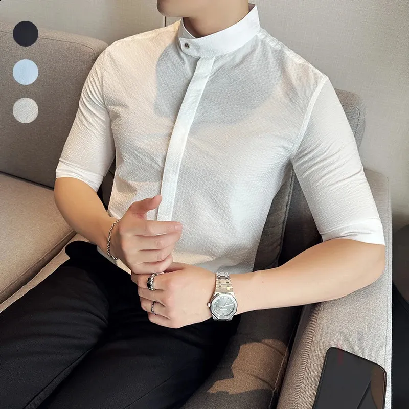Men's Slim Fit Stand-Up Collar Half Sleeve Shirt with High-grade Stretch Top