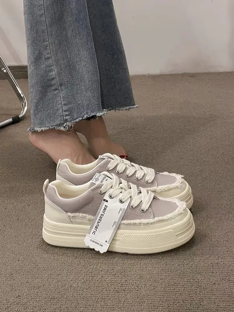 White Canvas Shoes for Women - Versatile Thick Sole Sneakers