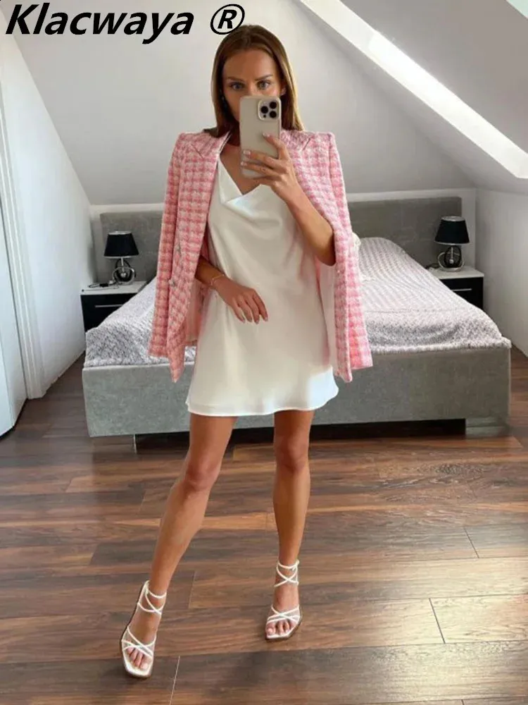 pink plaid blazer dress Wide Collared Double Breasted Plaid Blazer Mini Dress Princess-USA