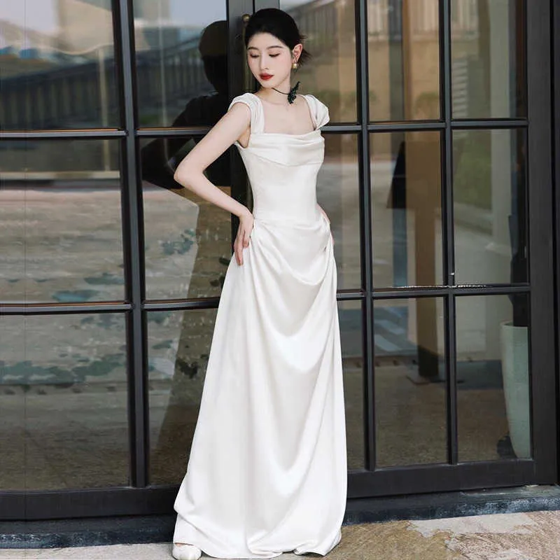 White Satin Wedding One Shoulder White Wedding Dress French Satin