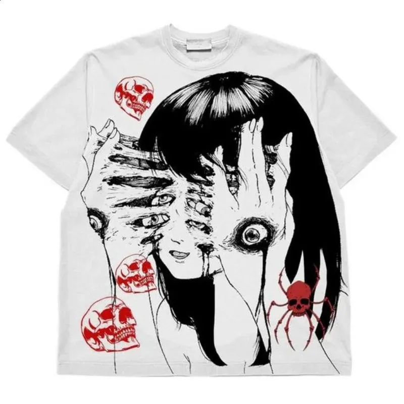 Summer Oversize Harajuku Black and White Japanese Manga Printed T-Shirts for Men Trendy Y2k Street College Style Couple Tops 240812