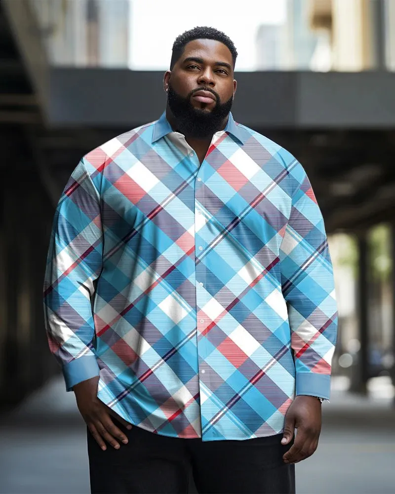 Plus Size Mens Long Sleeve Plaid Shirt - Lightweight Summer Top, L
