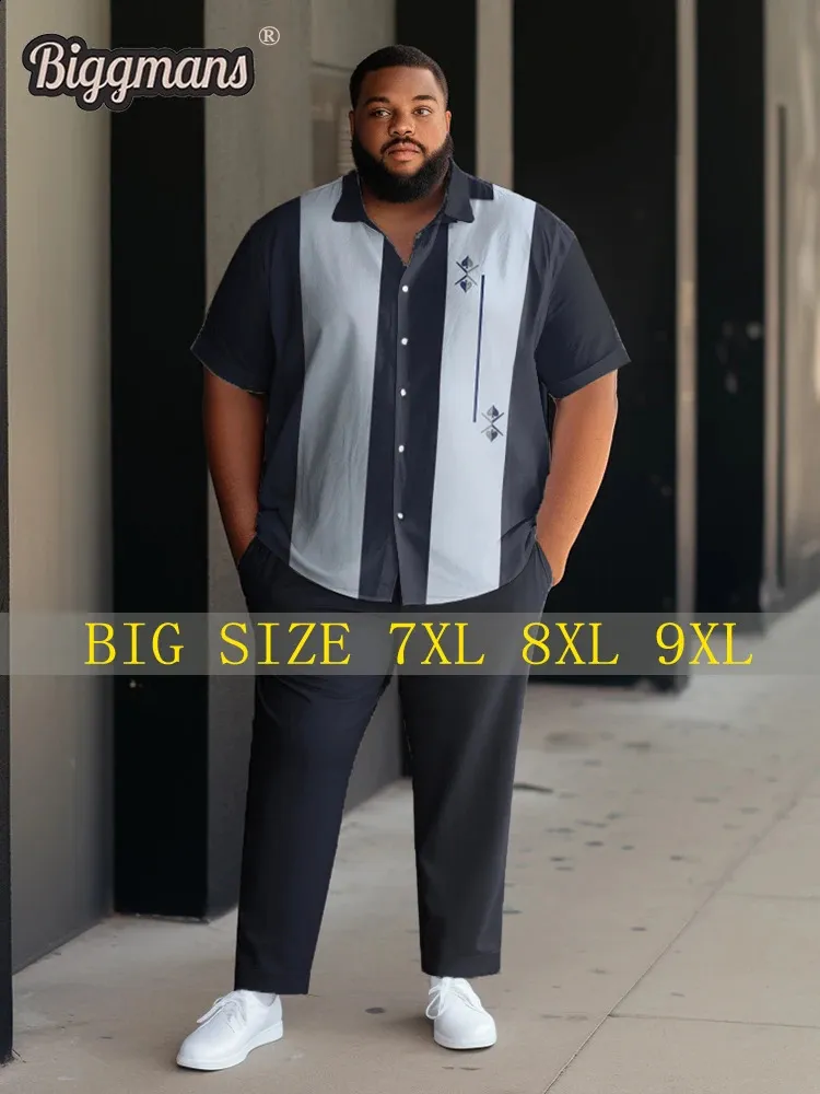 Plus Size Mens Stripe & Color Block Shirt & Pants Set - Casual