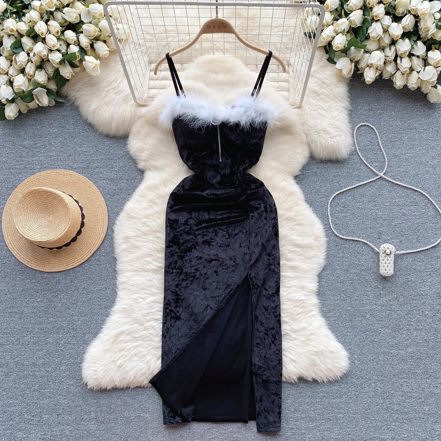 knee length dresses for ladies Amya Strapless Faux Fur Dress