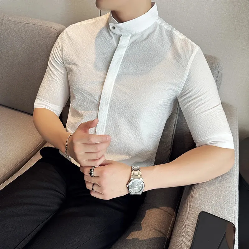 slim fit collarless dress shirt Perry Ellis Men's Untucked Slim Fit Total Stretch Banded Collar Shirt - Blue