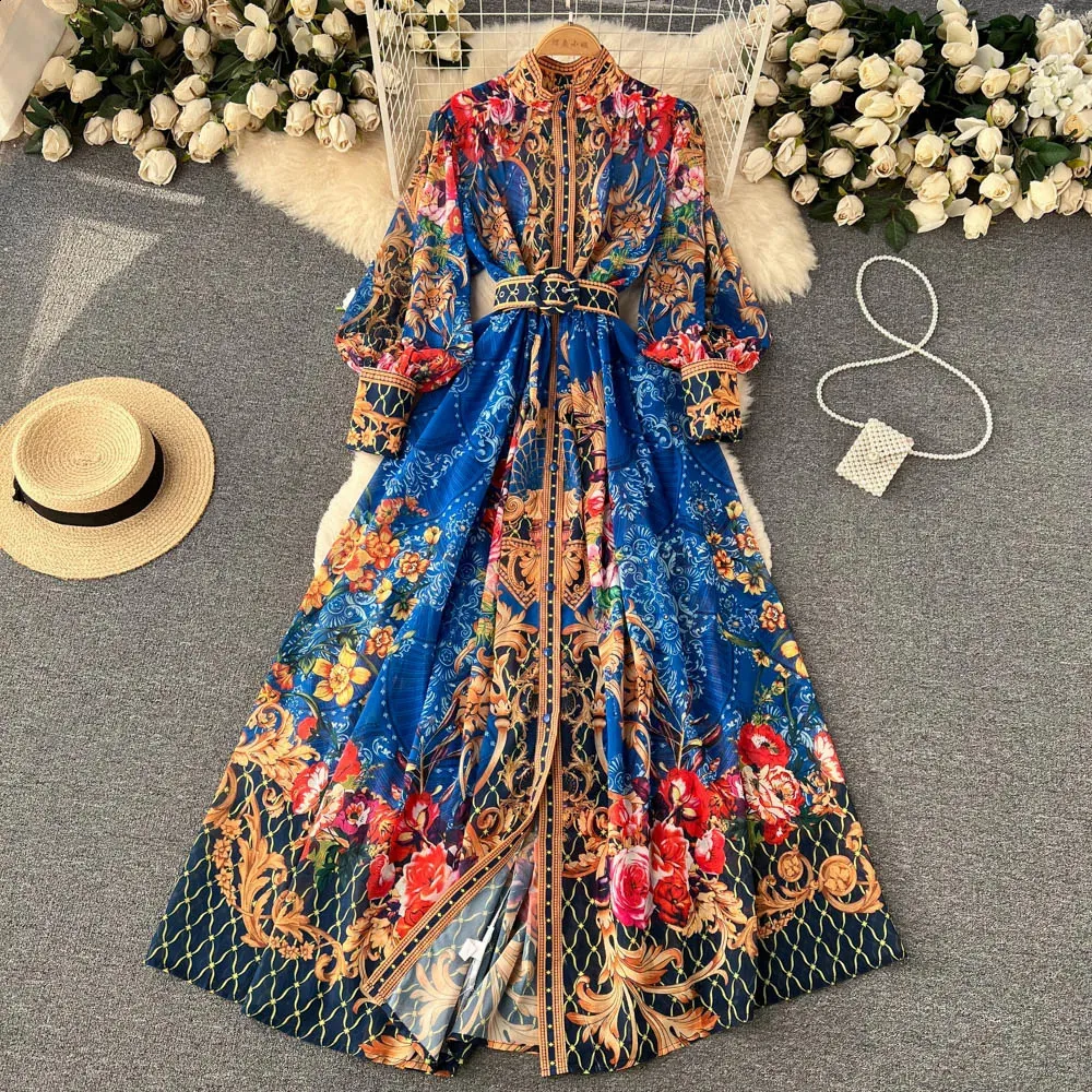 Vintage Floral Chiffon Maxi Dress - Long Sleeve, Belted A