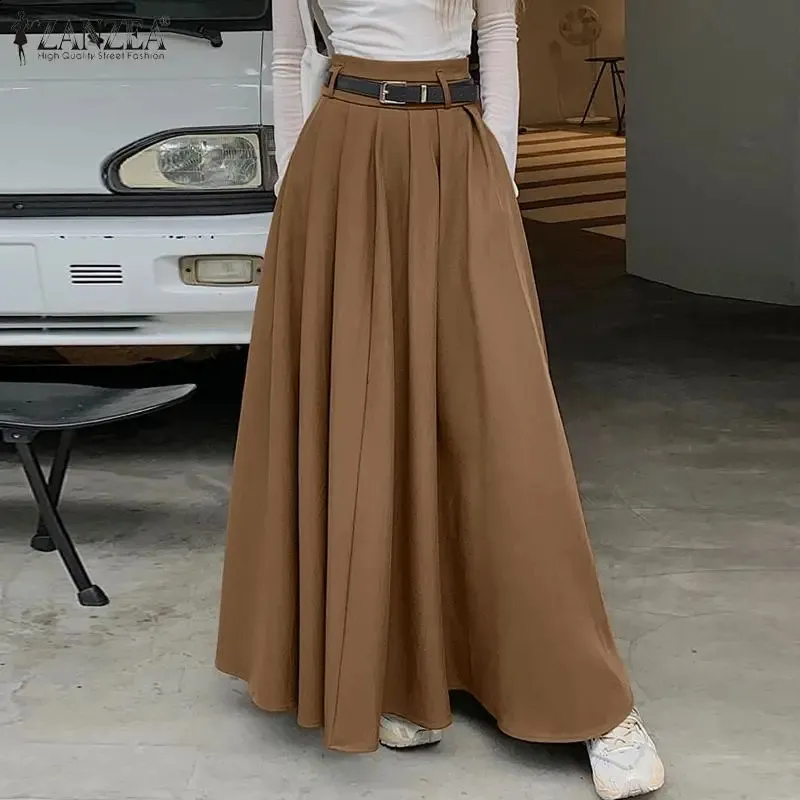 High Waist Pleated Skirt - Vintage Style, Solid Color, Flowy