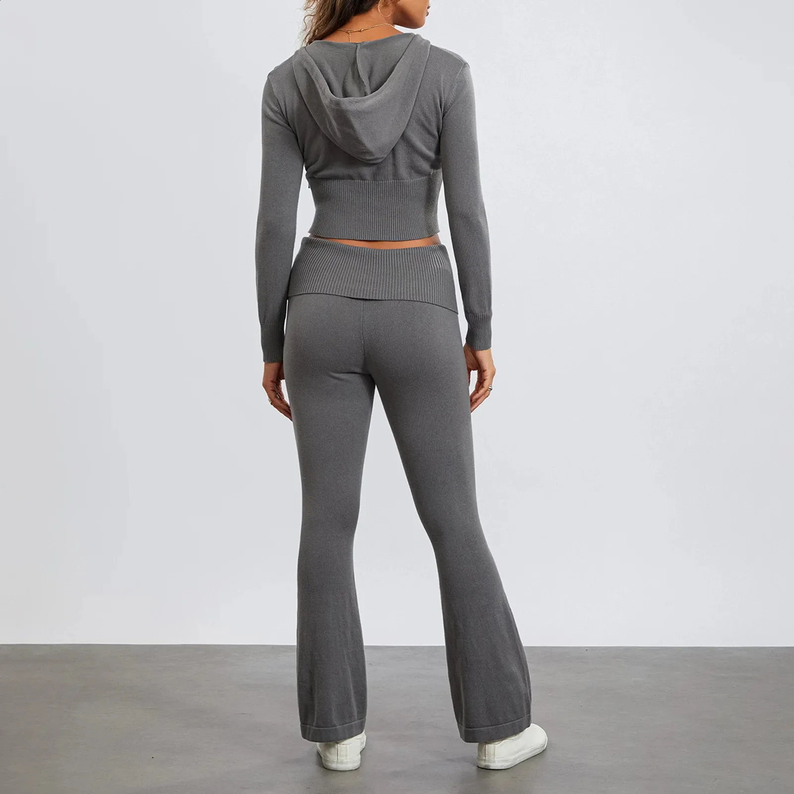 yiwang01 Women s Soft Pink Cropped Sweater and High Waisted Pants Set with Tie Detail