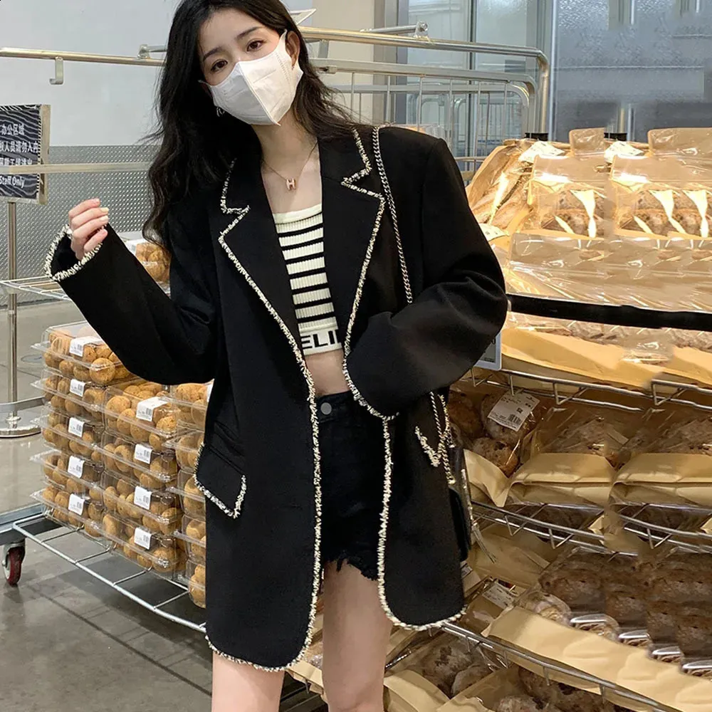 Elegant Tweed Splice Blazer: Womens Black Suit Jacket, Long Sleeve