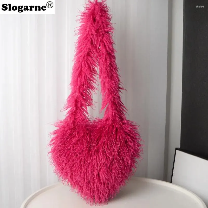 Evening Bags Long Plush Women s Large Shoulder Bag Luxury Faux Fur Female Love Shape Y2k Punk Girls Fluffy Tote Handbags Crossbody
