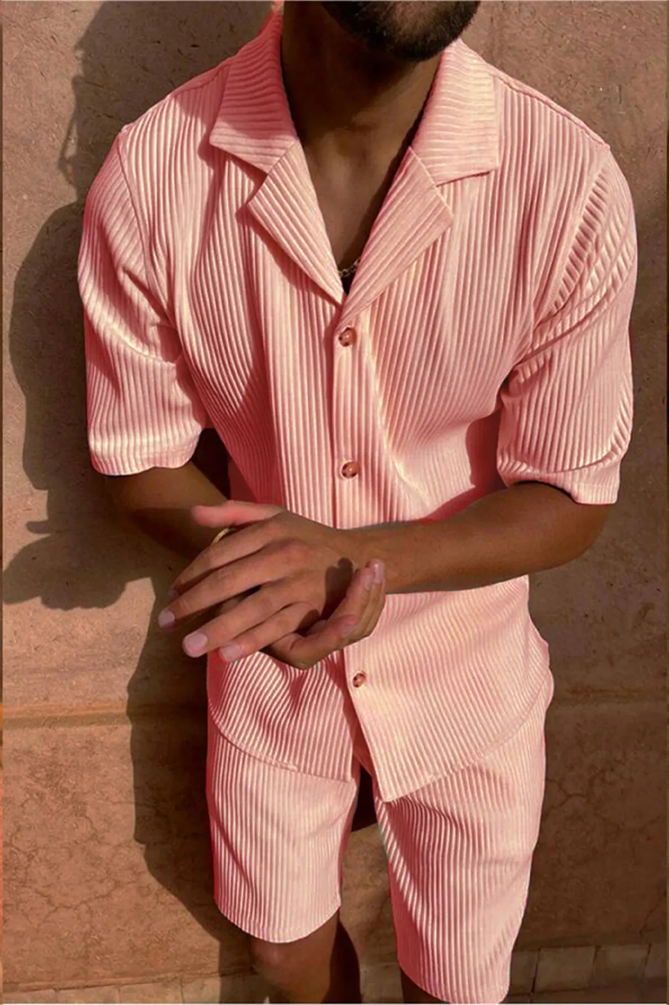 Solid Color Corduroy mens shorts and Shirts Set for Spring