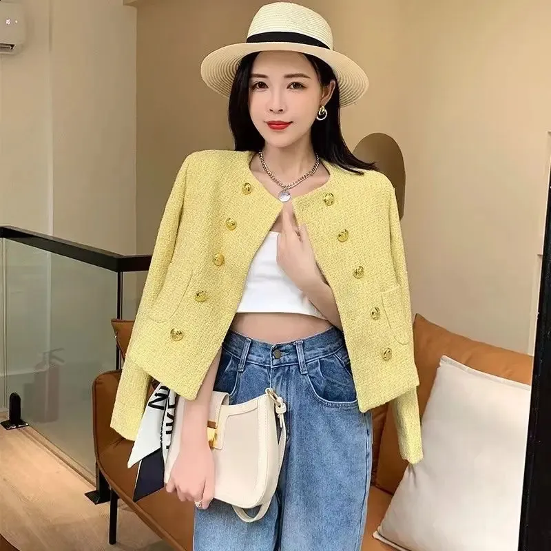 Ladies Tweed Jackets: Elegant Yellow Tweed Cropped Jacket, Spring