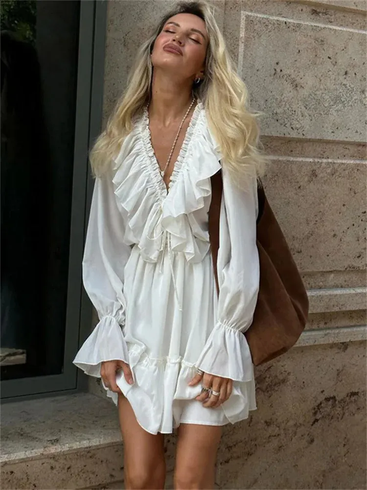 Ruffled V-Neck Mini Dress: Elegant Long Sleeve White Dress, Shop Now! Best  Seller from Dhgate Basic & Casual Dresses - price 64.38