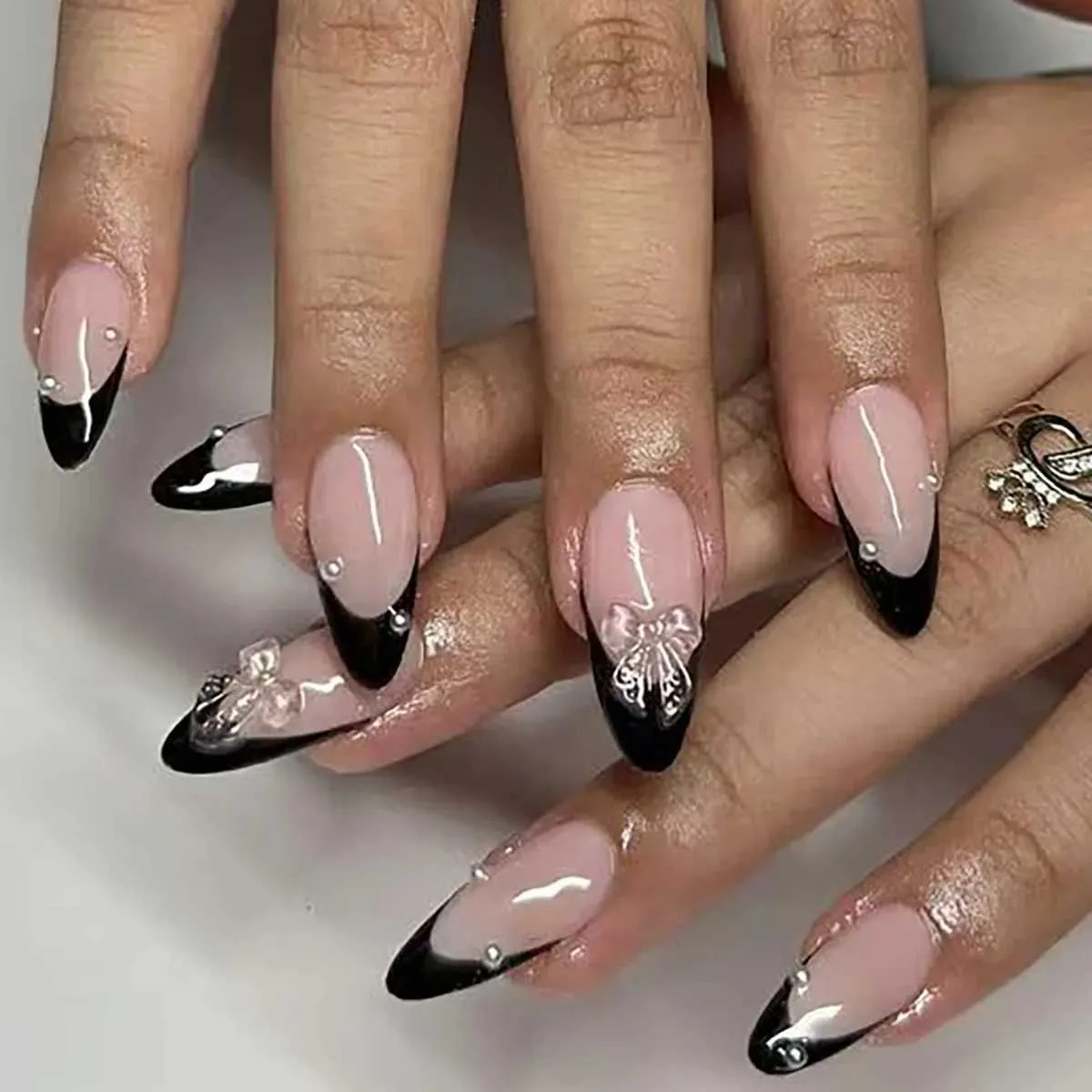 W240810 White Almond Fake Nails 24 Pack Glitter From