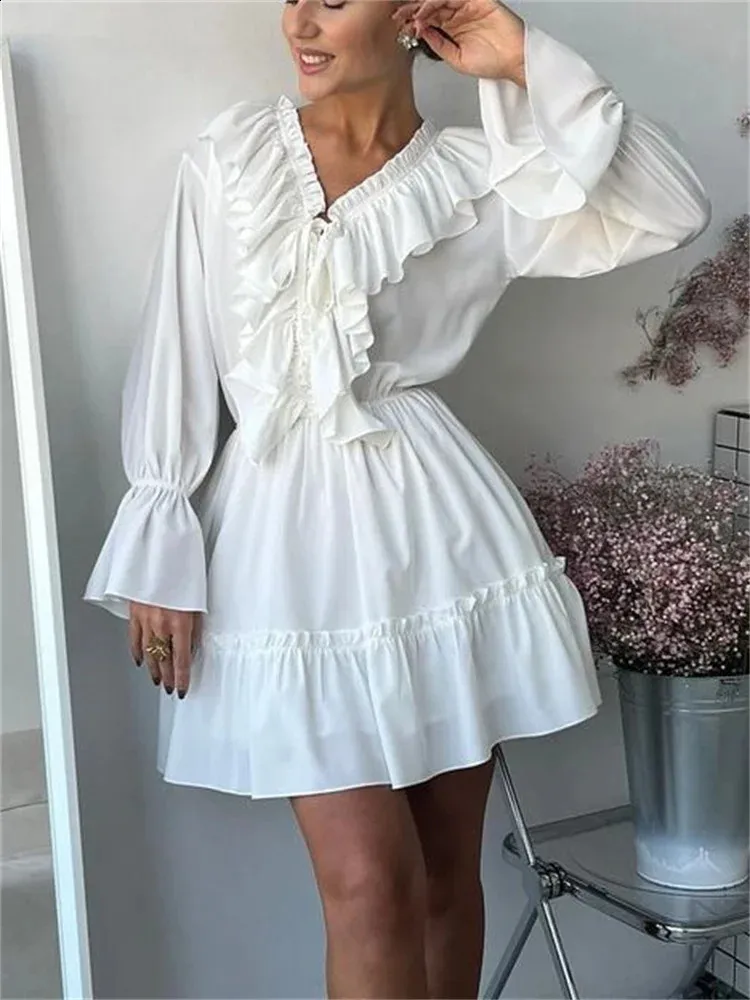 chinese dress ladies White V Neck Long Sleeve Maxi Ruffle Layered Dress