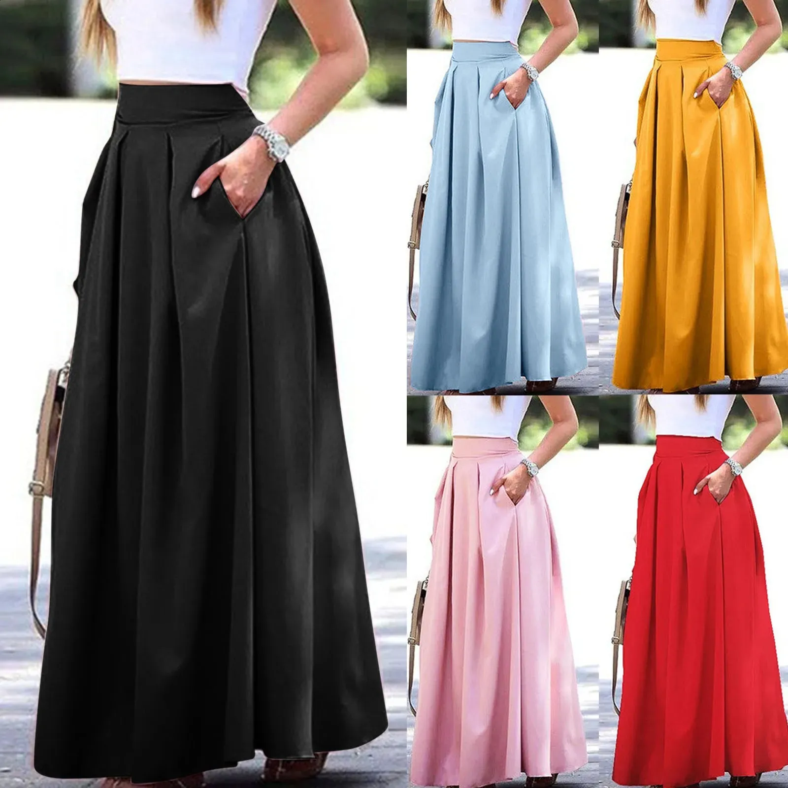 スカート PLEATED LONGUETTE SKIRT Womens Solid Pleated High Waist Maxi Skirt Elegant Floor