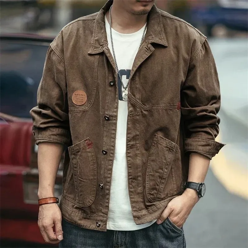 Brown Denim Cargo Jackets For Men: High Quality Korean Y2k Cowboy