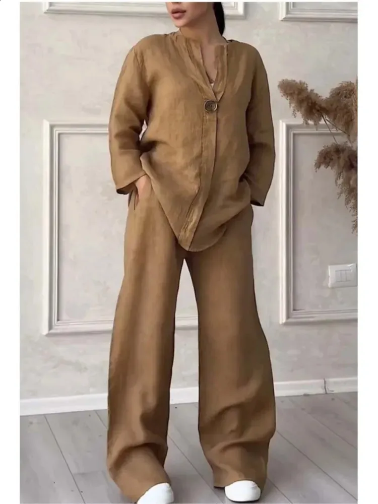 Save Big on Bulk Women's Piece Pants Set Piece Pant Set, Linen Pants  Sets Womens, Spring Autumn Two Piece Set: Cotton Linen V Neck Top With Wide 