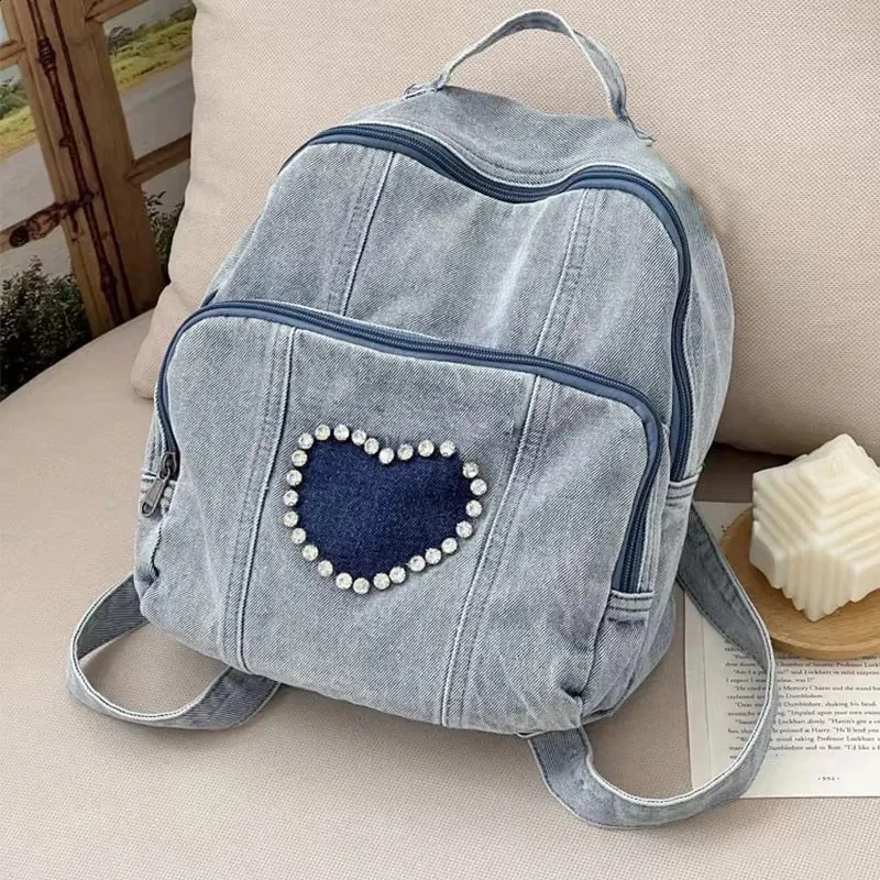 Denim Mini Backpack Vintage Aesthetic Lightweight Preppy Daily Bookbag Japanese Style Simple and Fashionable Backpack for Women  main image 3
