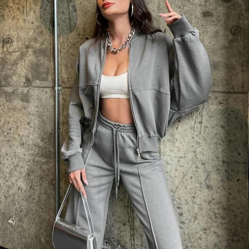 Crop Top Grey Tracksuit Set Womens Wide Leg Grey Womens Tracksuit