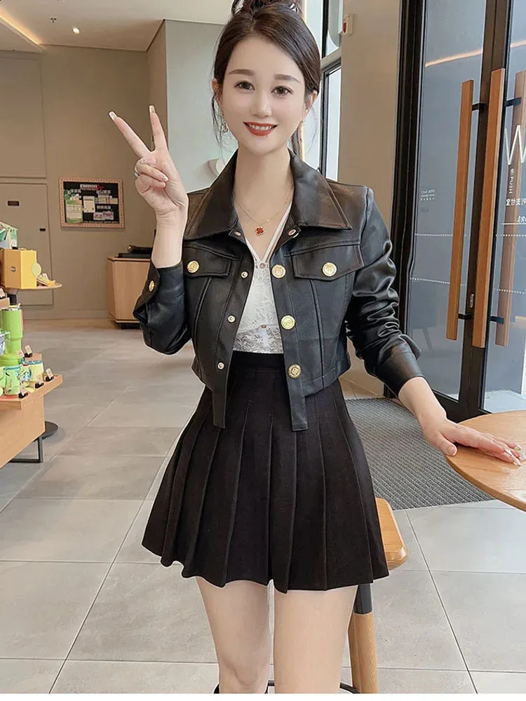 ジャケット・アウター fake leather jacket+skirt Crop Leather Jacket with Leather Skirt for Women
