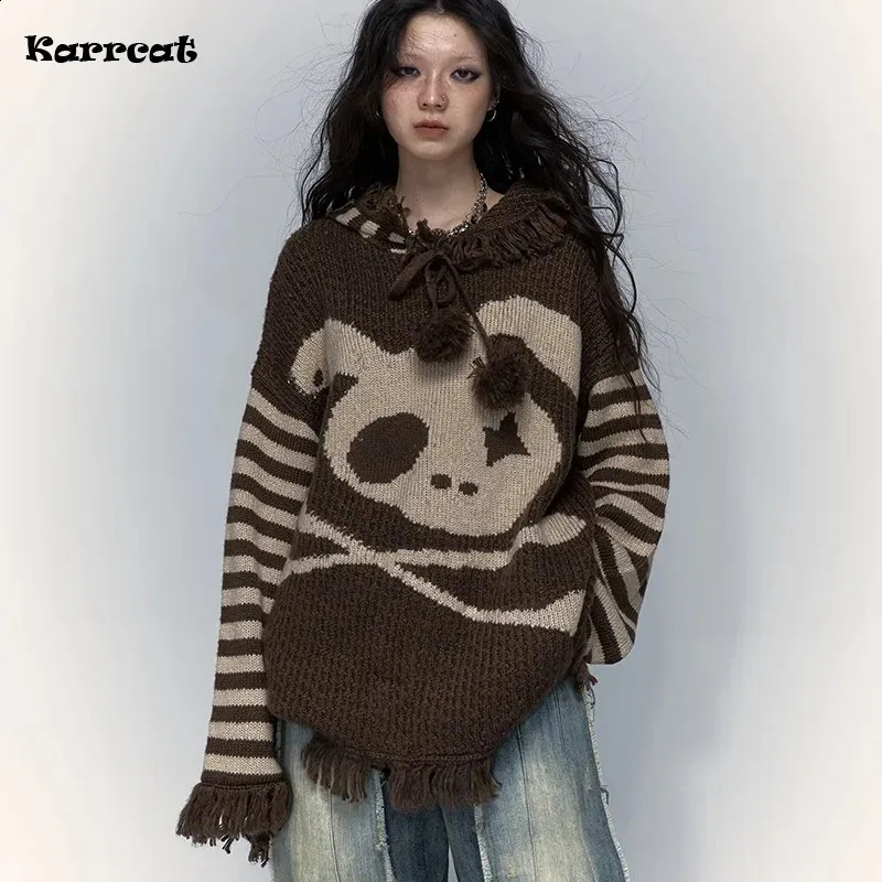 Grunge Y2k Skull Sweater Distressed Knitted Hoodie, Vintage Punk