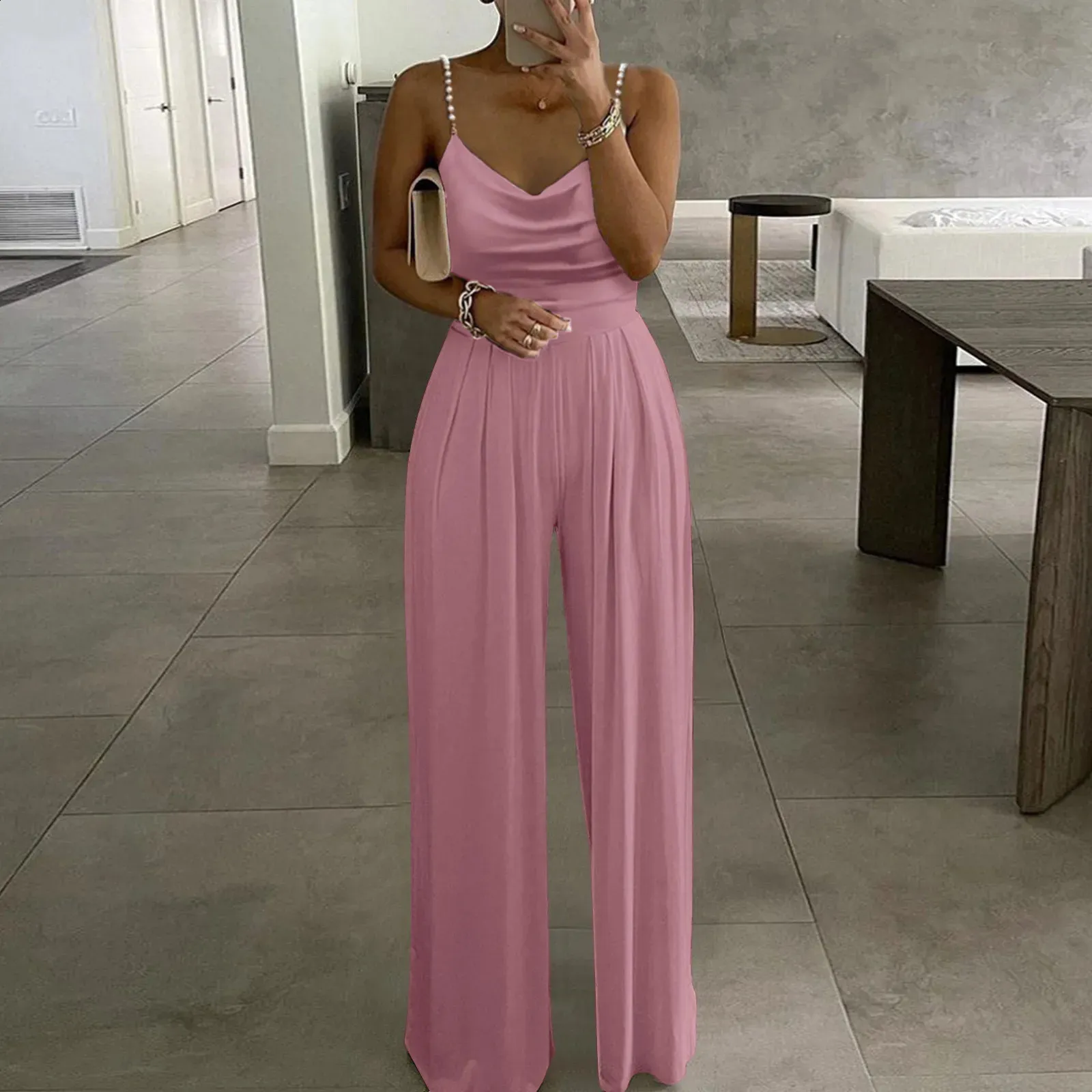 Save Big on Bulk Strapless Jumpsuit Summer Women's Summer Casual Wide Leg  Jumpsuit Beaded Strap, Metallic, Cowl Neck, Sleeveless, Plain, Long Best 