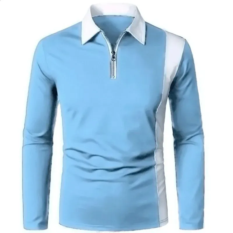Mens Long Sleeve Polo Shirt - Fashion Spliced Zipper Lapel