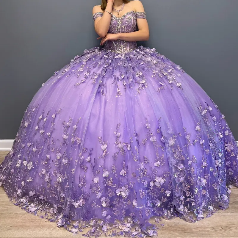Off-The-Shoulder Lavender Tulle Quinceanera Dresses Flowers Ball Gown Sweet 15  C1601 main image 1