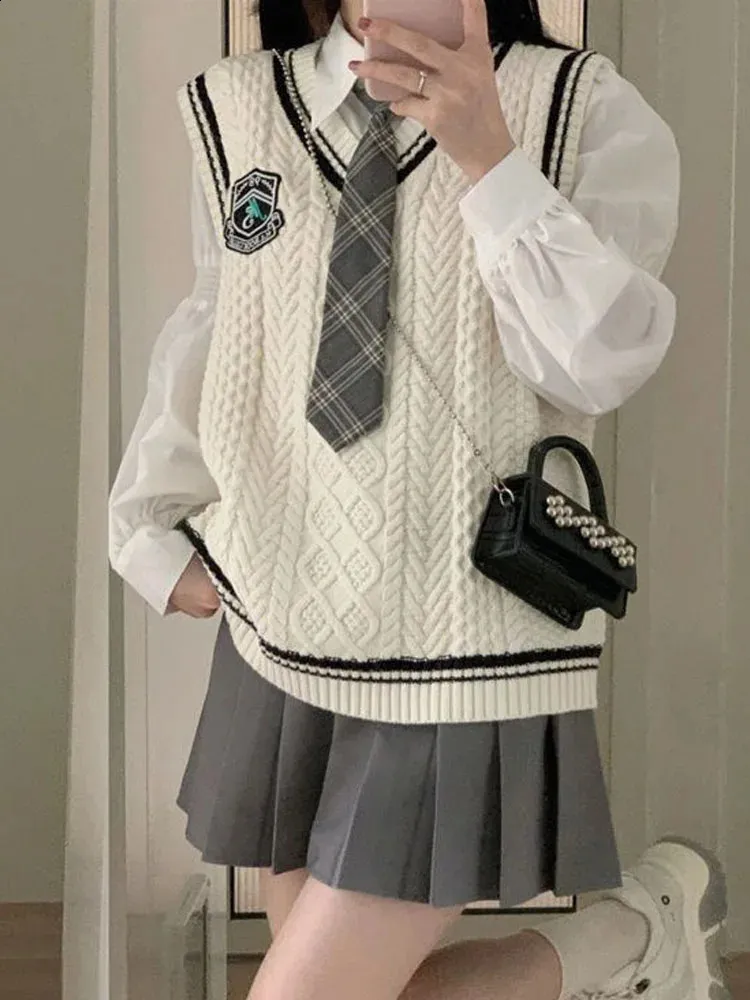 Uniform Plaid Sweater Outfit Korean Skirt Outfits: Women's V-Neck