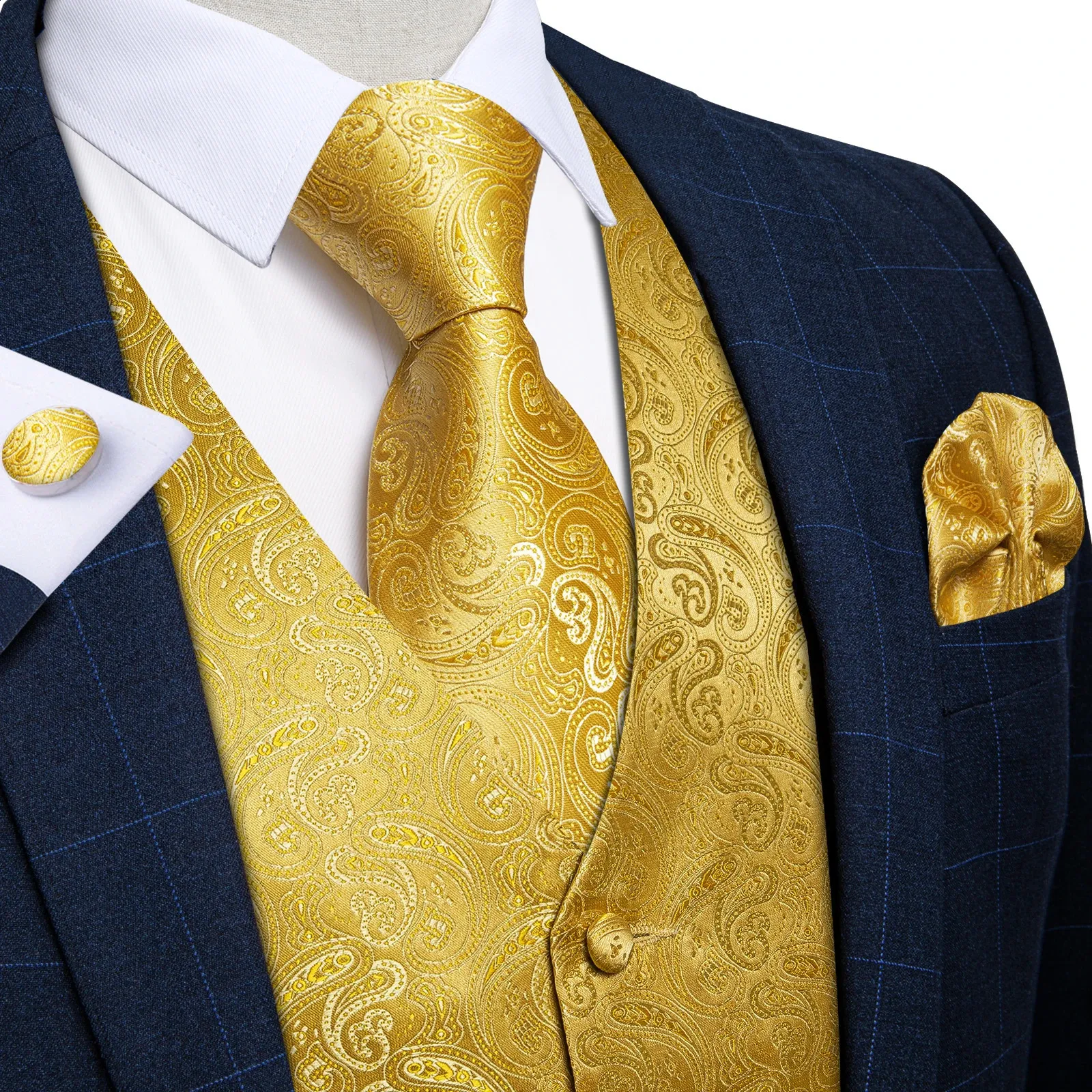 Men's Gold Paisley Tuxedo Vest, Tie & Hankie Set - Formal Wedding Prom Dress