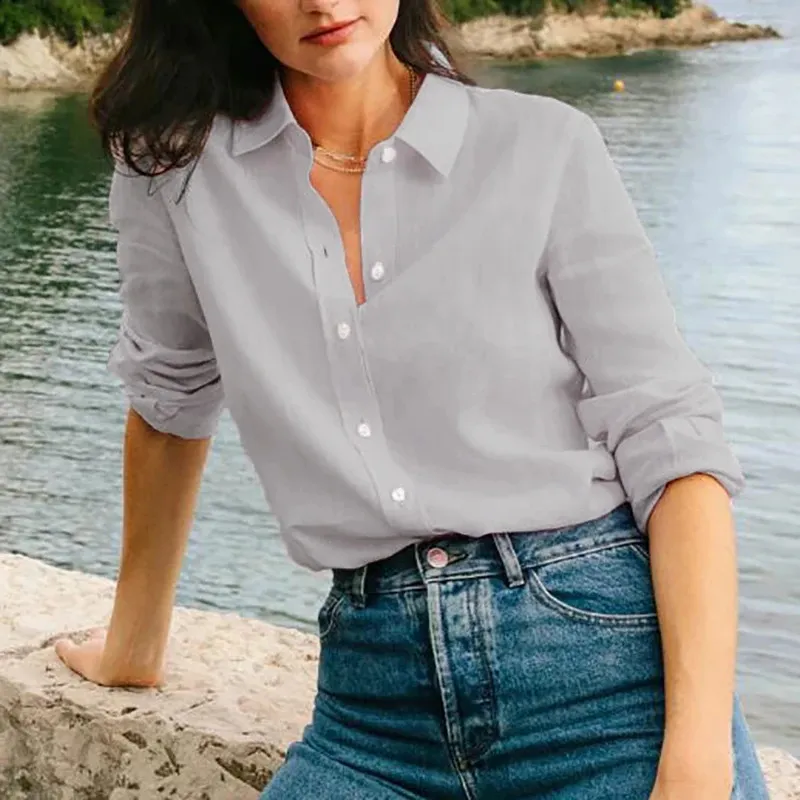 Maglioni in denim da donna, a maniche lunghe, con colletto e bottoni, design con scollo a V, misto jeans a maglia, top casual da indossare tutti i giorni, Blu scuro, S
