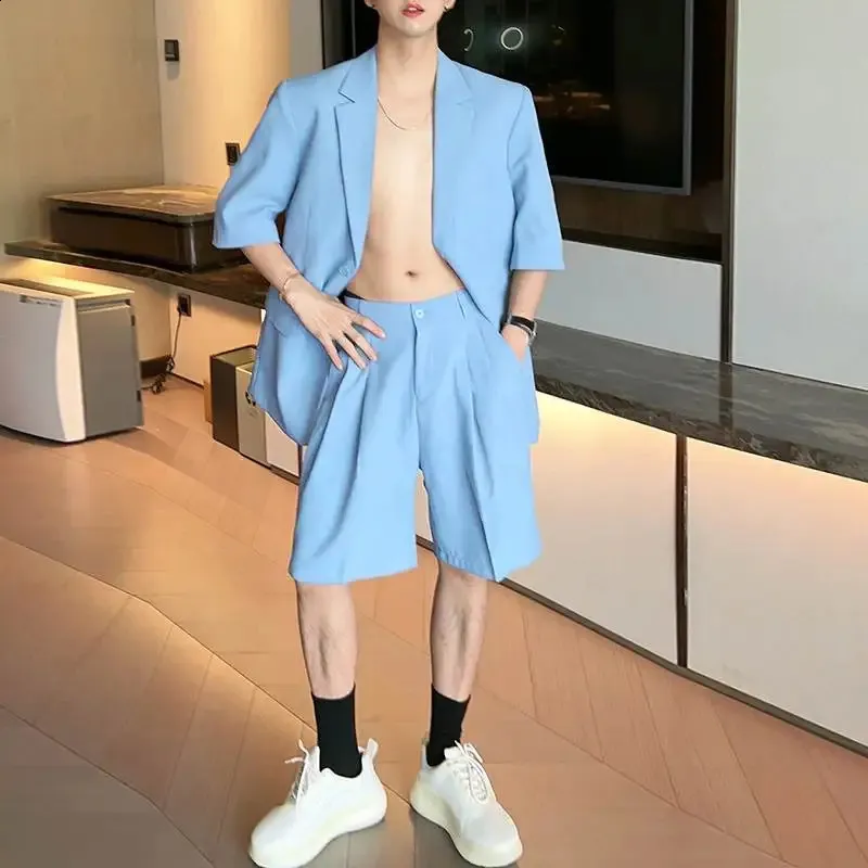 men light blue blazer and shorts set