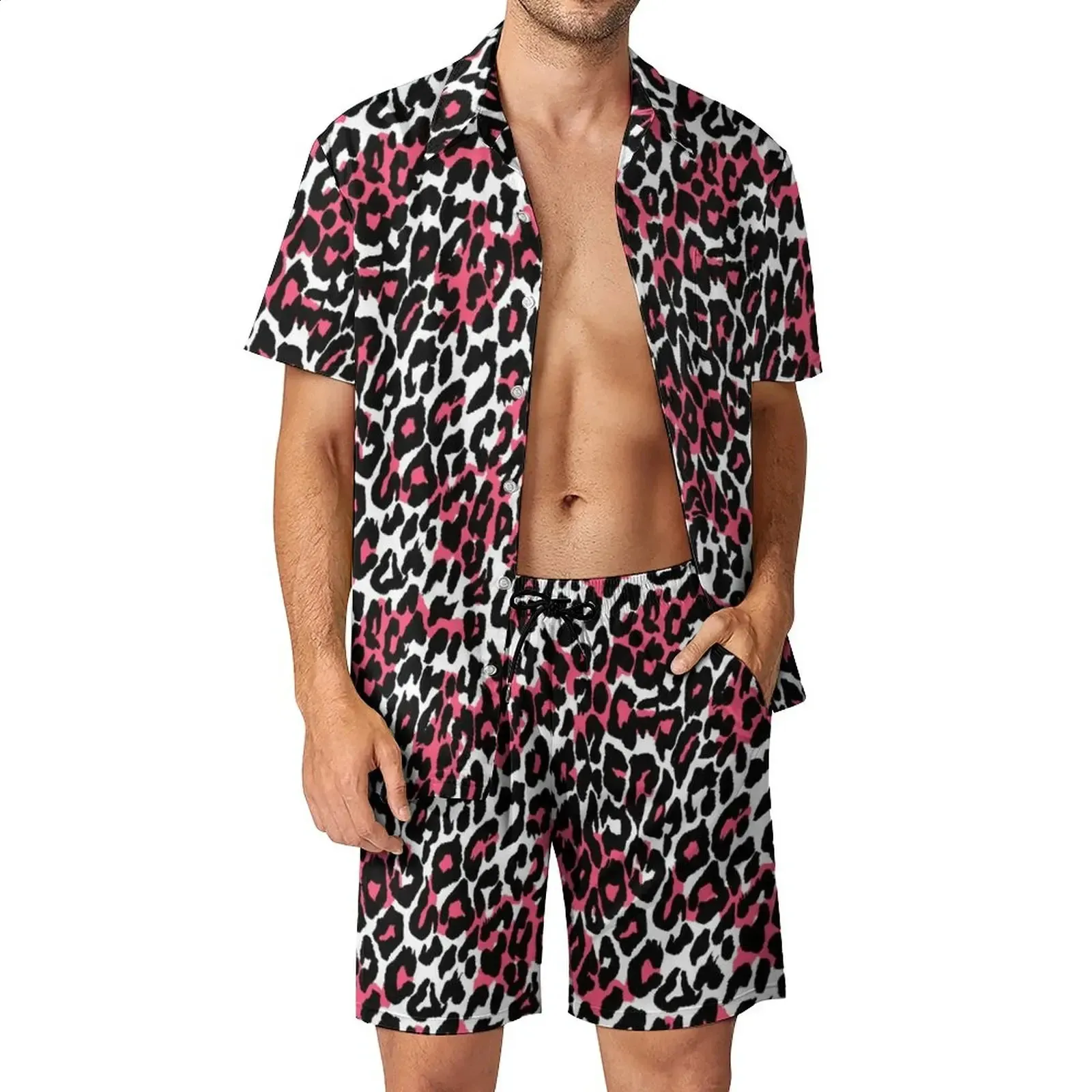Ensemble 2 Pièces Homme Léopard - T-shirt Et Short Décontracté, Style Hawaïen, Pour L'été, Plage, Sport, Tenue Casual