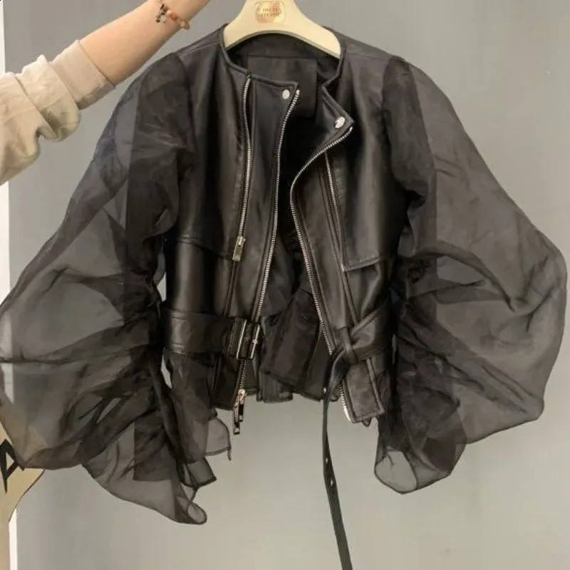 DHgate.com:Y2K Organza Sleeve Leather Jacket - Womens Short