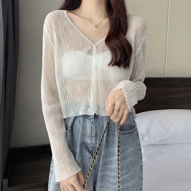 Save Big on Bulk Korean Cardigan Top Knitted White Cardigans Women Summer  Sunscreen Long Sleeve Cropped Shrug Korean See Through Kimono Tops Fashion 