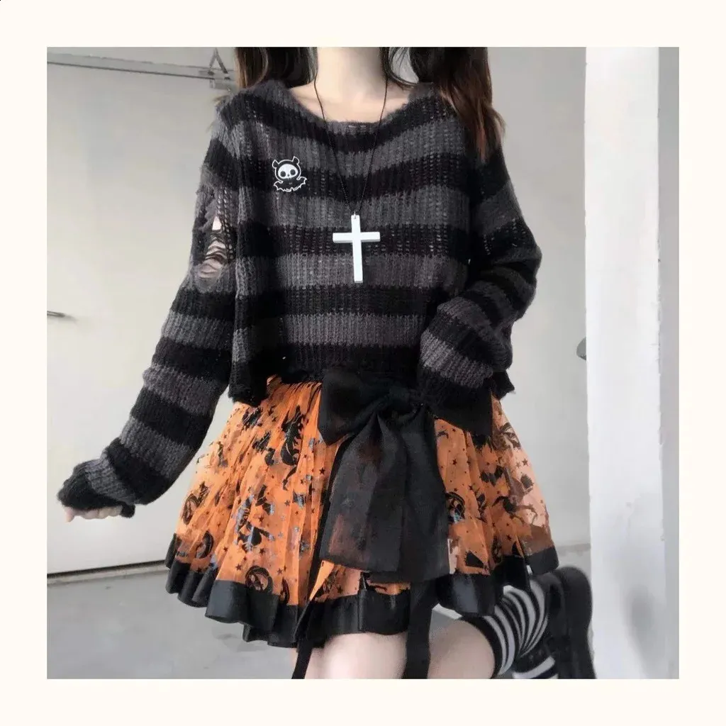 トップス archive grunge border knit ROCK punk y2k Pink Striped Gothic crochet sweater with Ripped Holes and