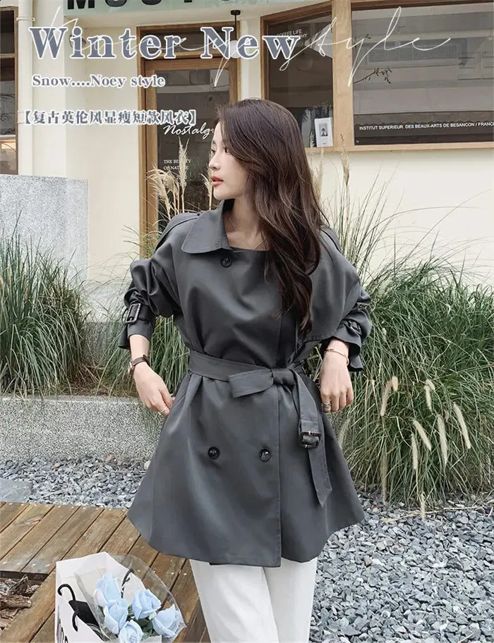 Womens Grey Trench Coat Double Breasted, Casual & Chic, Spring