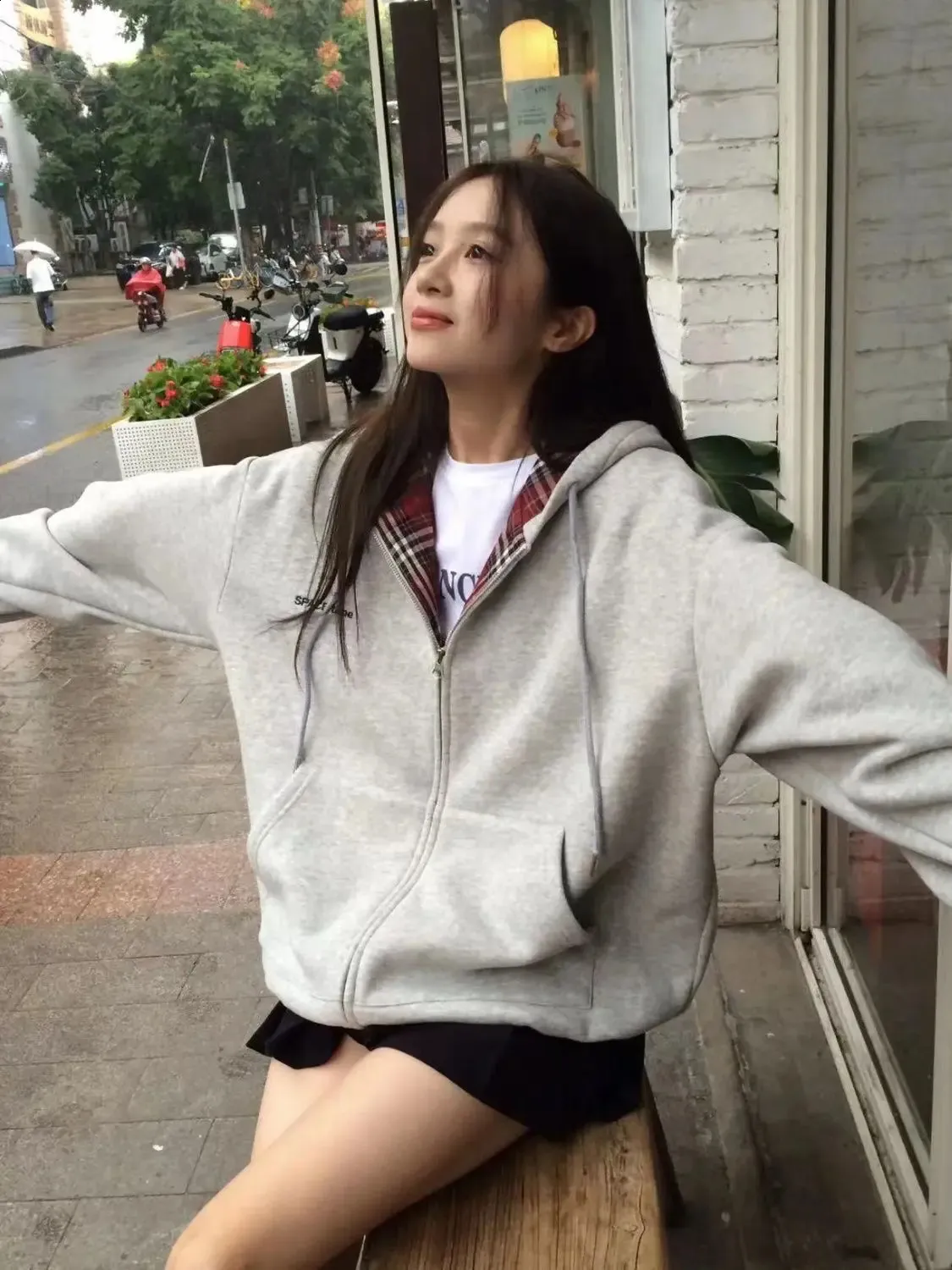 ジャケット・アウター IDA PLAID(RED)ZIP UP HTR GREY Anime Hooded Sweatshirt: Harajuku Style Gray And Red Plaid