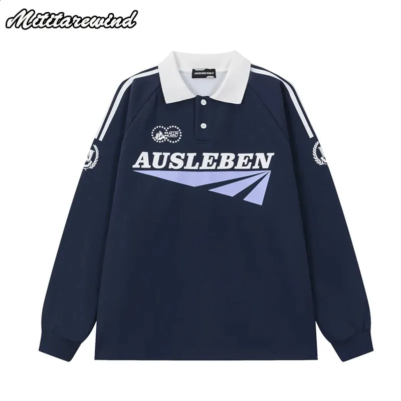 Hip Hop Streetwear Spring Autumn Long Sleeve Polo Shirt Men Retro