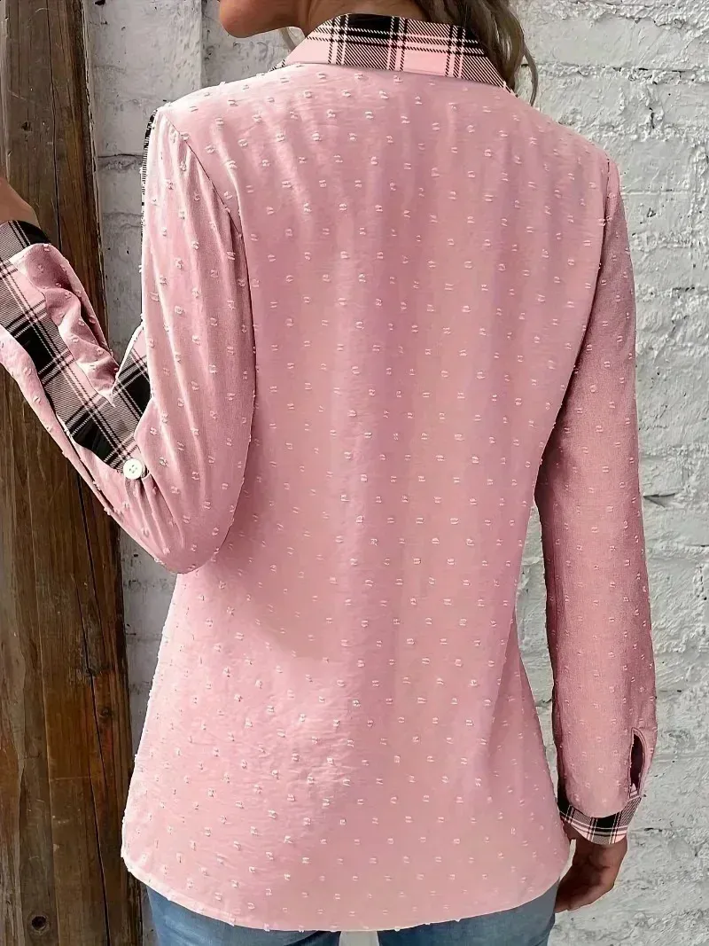 Plus Size Striped Plaid Patchwork Long Sleeve Button Down Shirt - Women ...
