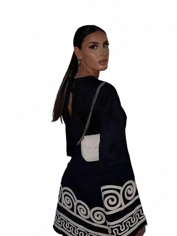 Embroidered Lace Up Bodycon Dress, Long Sleeve Spliced | DHgate