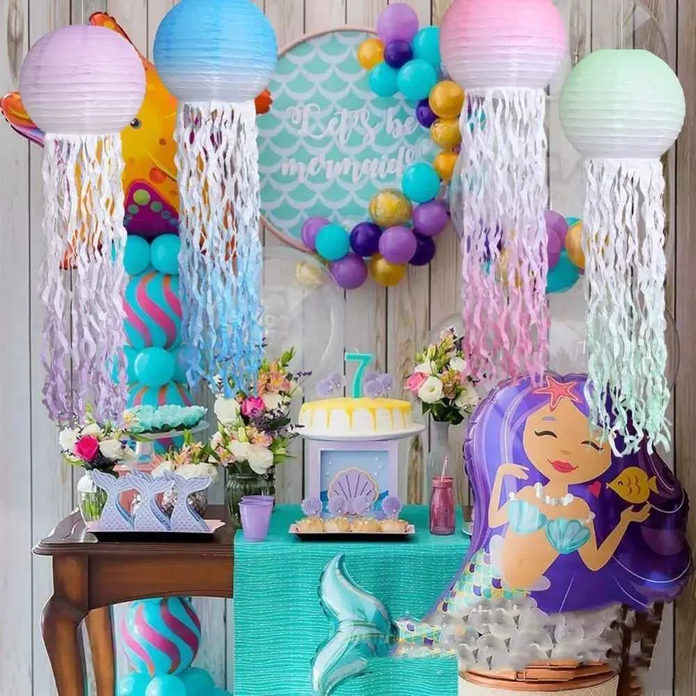 Jellyfish Paper Lanterns 6 Pack Gradient Blue Hanging Mermaid Wishes Lantern Ocean Theme Party Decor Under The Sea Birthday Decoration Baby Shower Ki
