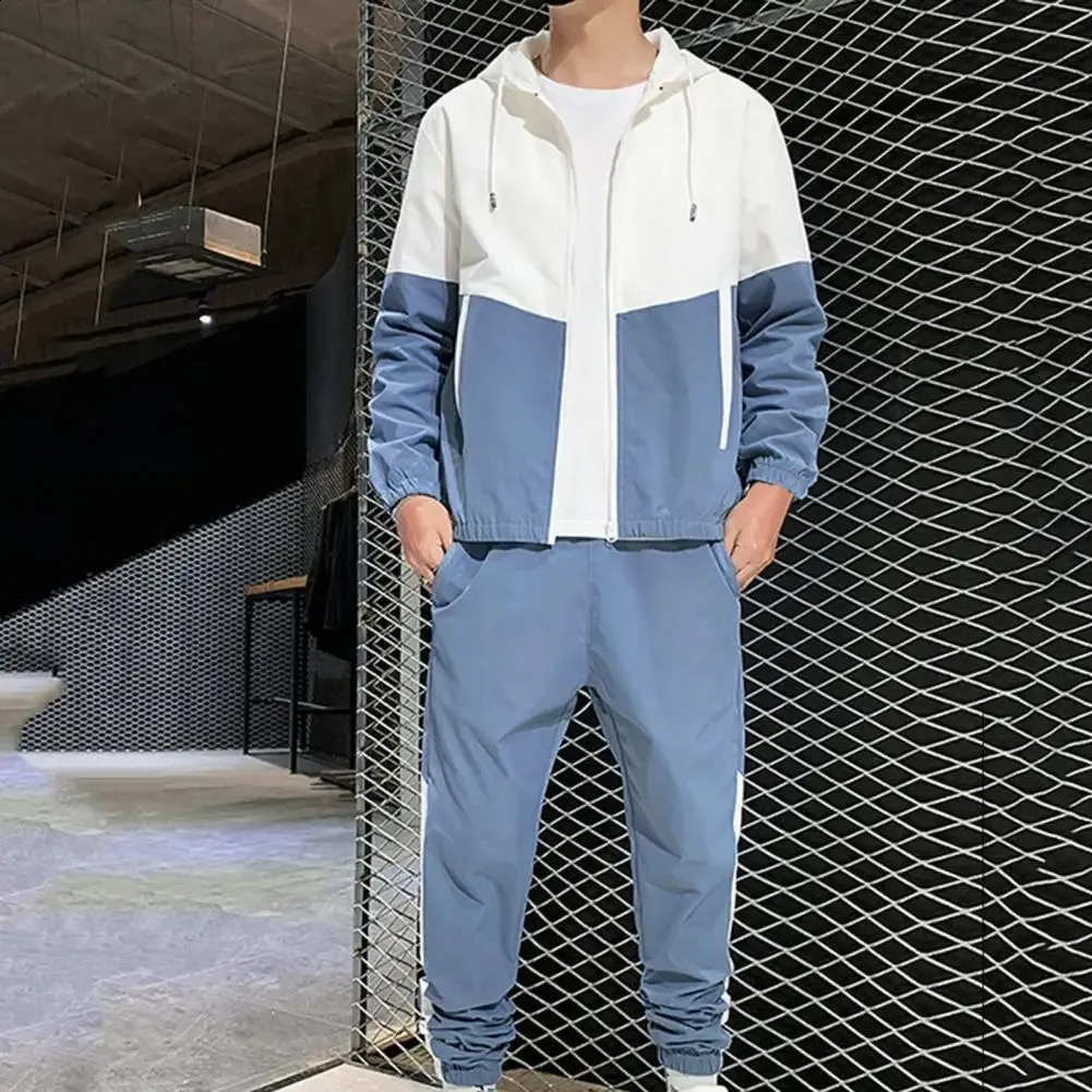 Mens Two-Piece Tracksuit Set Acrylic Zipper Hooded Cardigan and