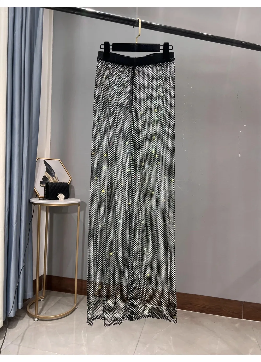 Sparkling Rhinestone Wide Leg Trousers - Sexy Beaded Mesh