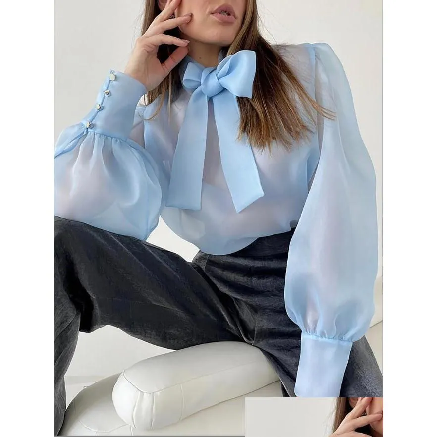 高級感 DHgate.com:Nsz Womens Organza Blouse: Sheer Top with Bow Tie トップス