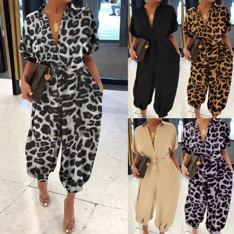 Womens Harem Jumpsuit Short Sleeve Button Front Leopard Romper